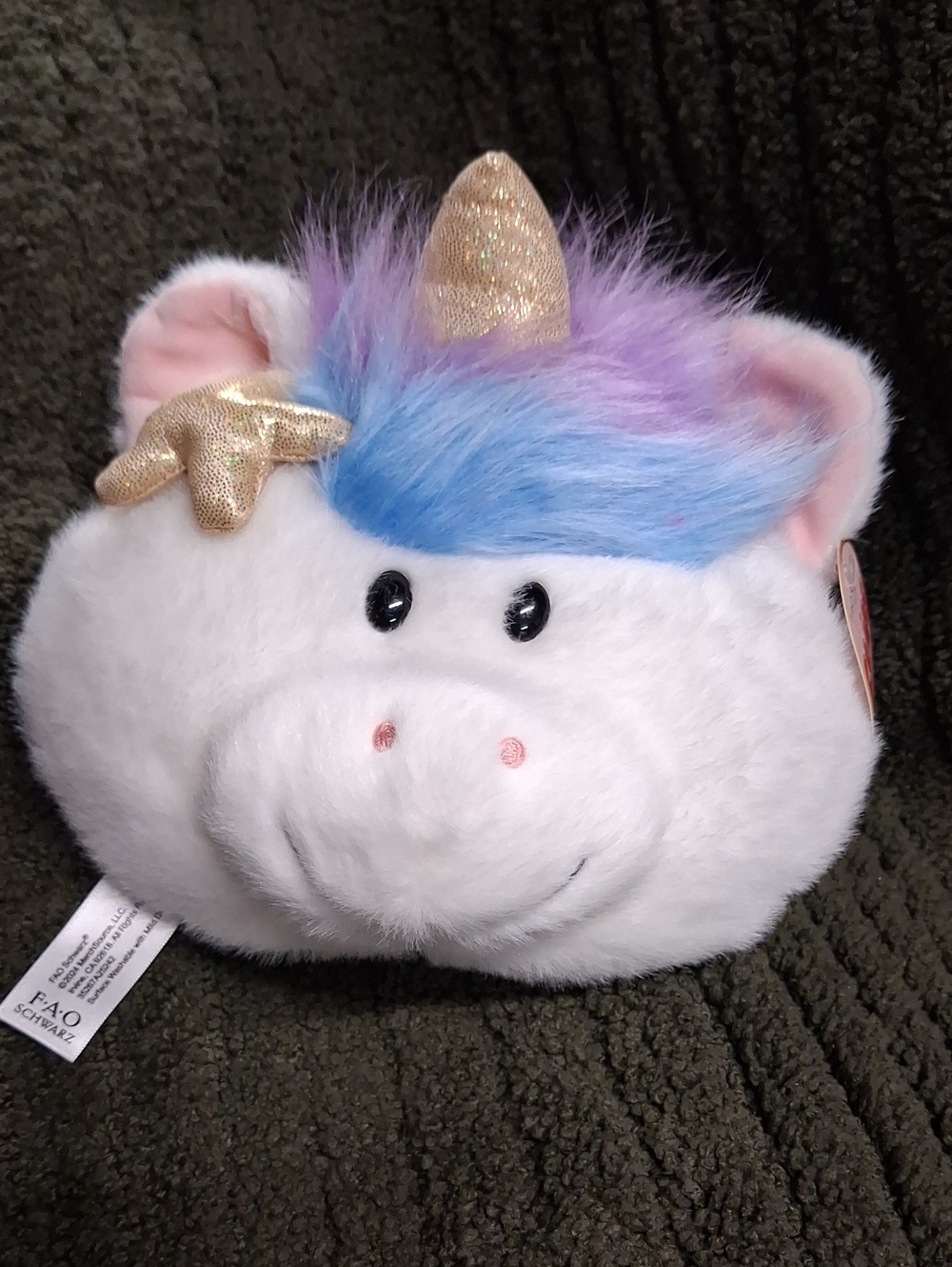 FAO Schwarz White Unicorn Plush Crossbody Bag with Pastel Blue & Lavender Mane